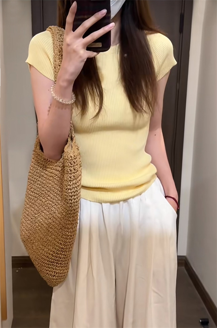 實拍春夏新款休閒百搭圓領純色修身彈性針織打底衫T恤女