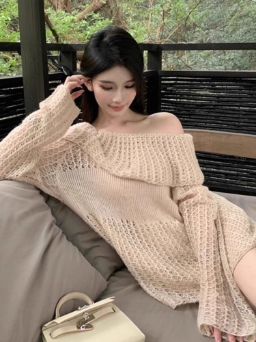 One-shoulder hollow sweater for women spring long-sleeved thin mesh sweater pullover sweater blouse lazy style loose top
