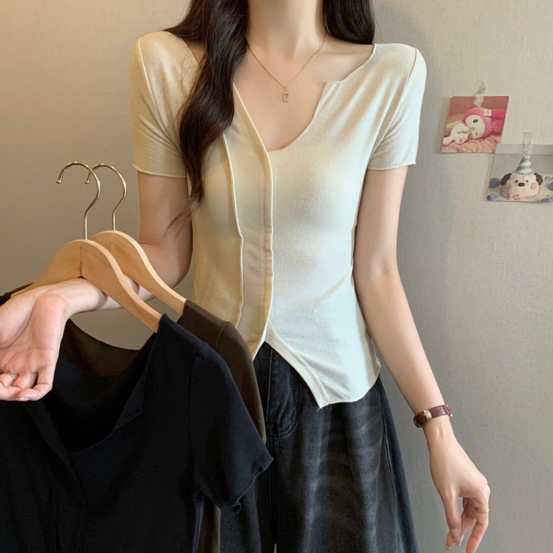 Real shot 40 count pure cotton 2024 summer design niche short-sleeved T-shirt women's elastic top