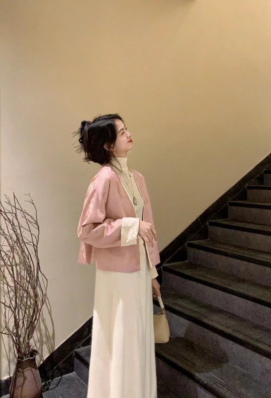 新中式清冷禪意V領上衣粉色醋酸提花2024春款女裝溫柔毛衣三件套
