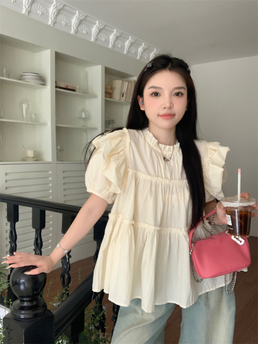 Actual shot of 2024 spring new Korean style loose round neck small flying sleeves sweet temperament versatile pullover top