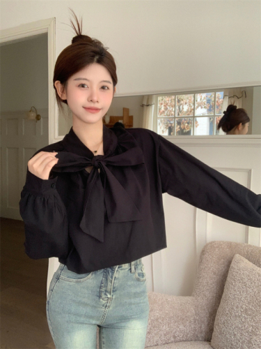 实拍春季韩版法式纯色设计感小众绑带蝴蝶结长袖百搭衬衫上衣