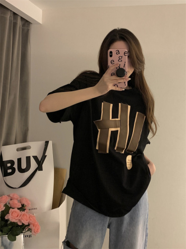 Real shot of spring and summer Hong Kong style ins style simple letters loose short-sleeved T-shirt with mid-length top for women