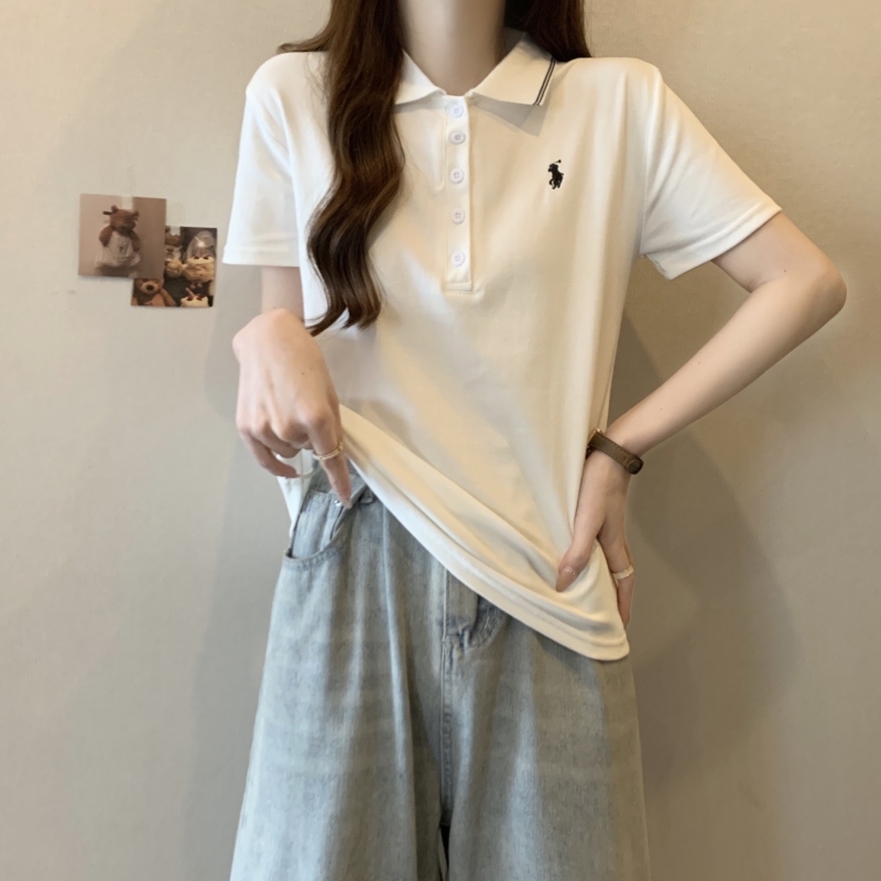 實拍  40支純棉 2024夏裝刺繡polo領條紋短袖T恤女修身