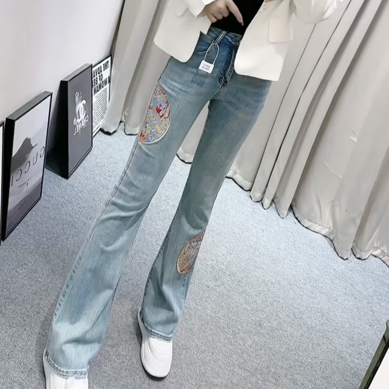 網紅同款中國風刺繡微辣褲女2024早春新款顯高顯瘦遮肉長褲拖地褲
