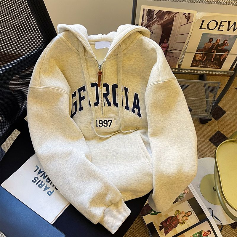 灰色刺繡連帽衛衣女冬季美式復古寬鬆oversize小個子加絨加厚上衣