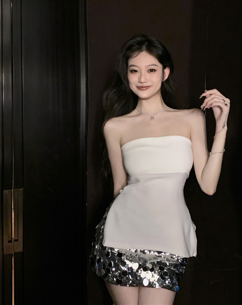實拍 歐美辣妹一字領抹胸性感側拉鏈上衣女
