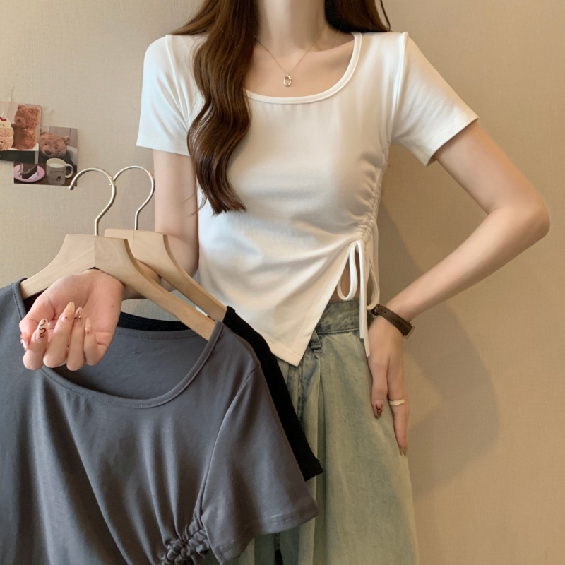 Real shot of pure cotton solid color right shoulder T-shirt short-sleeved women's summer slimming chic short versatile waist-cinching gray top