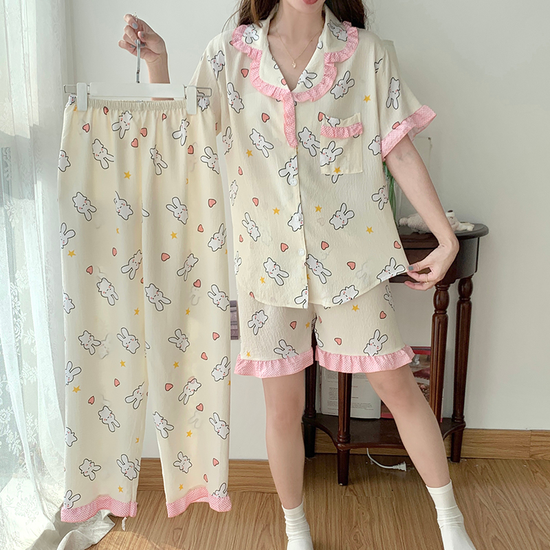 尚優衣品泡泡棉睡衣女三件套短袖短褲長褲夏季韓版開衫翻領家居服
