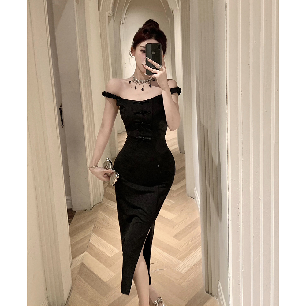 實拍 新款女裝小性感路肩一字領修身包臀聚會禮服連衣裙