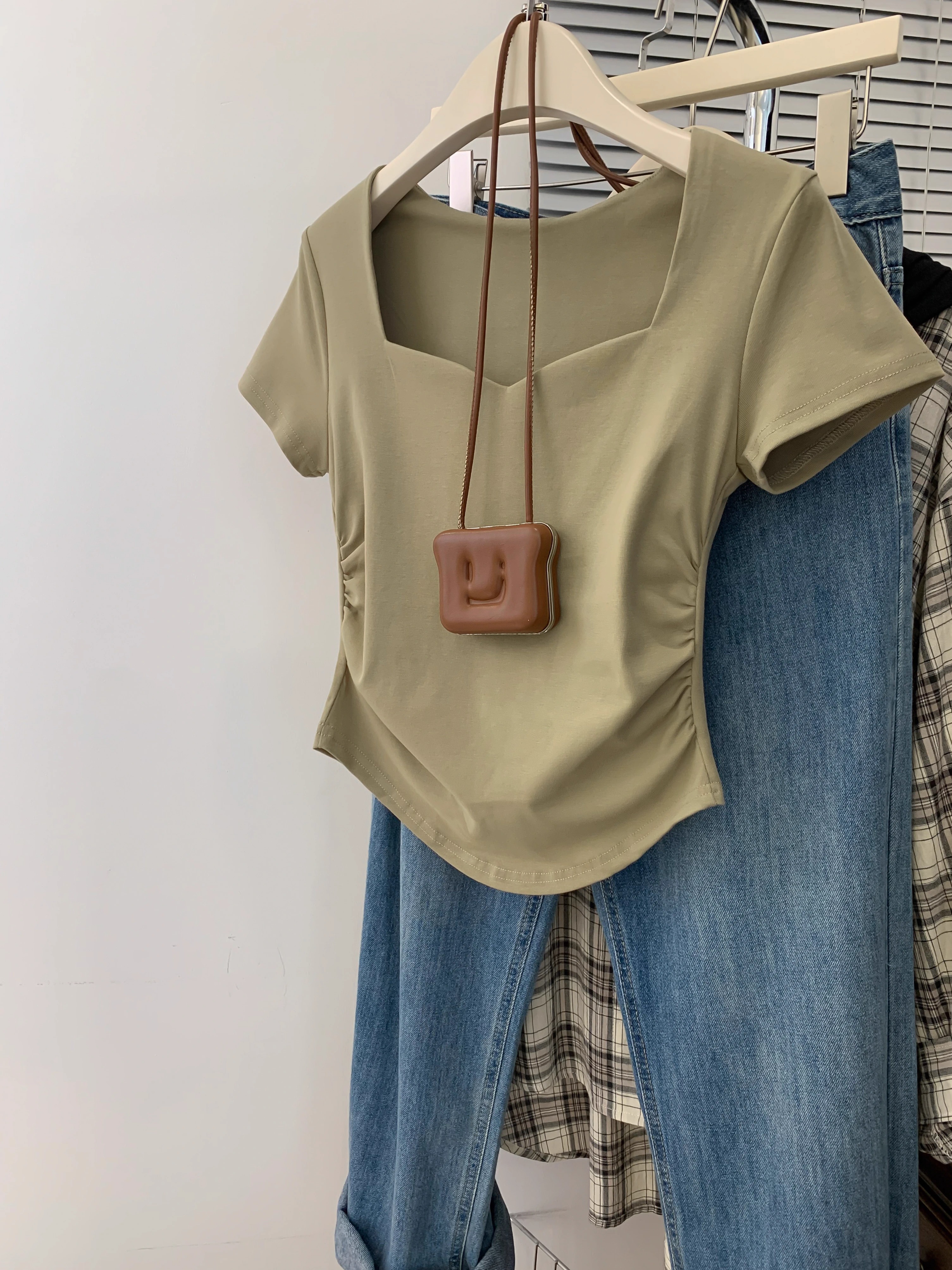 Official picture 92 cotton/8 spandex 40 count 210g pure cotton gray square collar irregular short-sleeved t-shirt