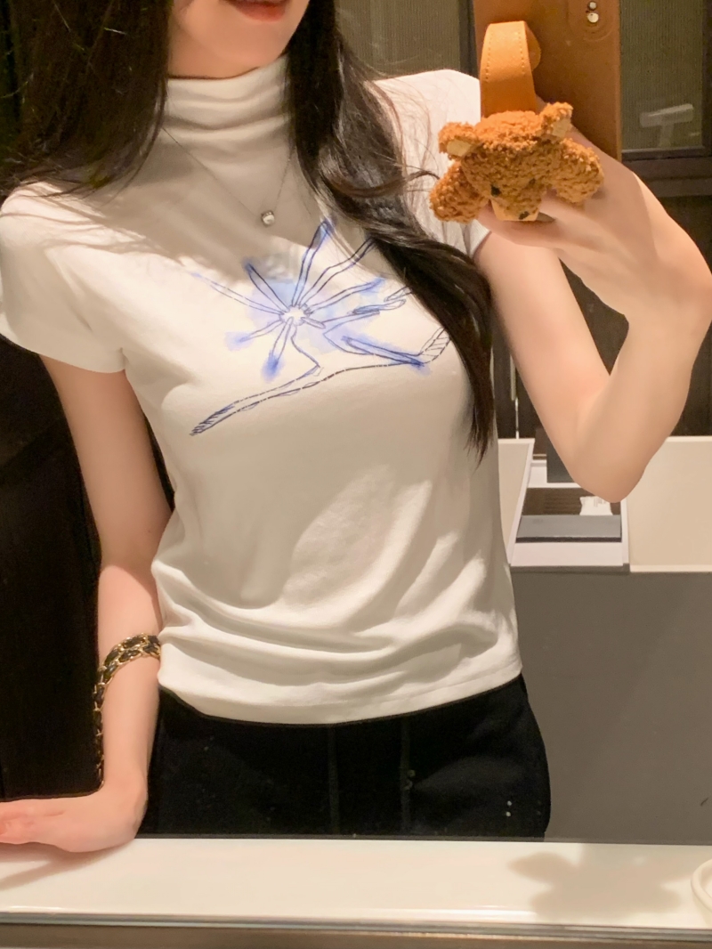 Real shot 40 count pure cotton 2024 summer wear printed half turtleneck bottoming women's short-sleeved T-shirt