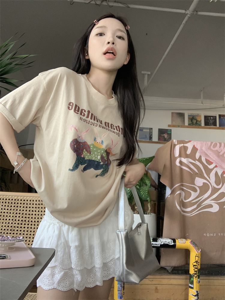 實拍！韓系卡通兔子搞怪印花短袖T恤女寬鬆春夏百搭半袖學生上衣