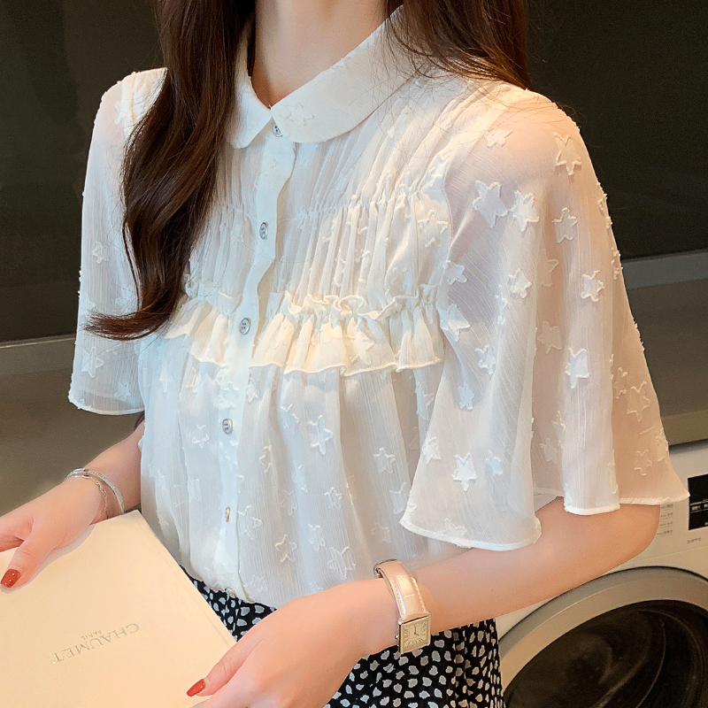 2024夏季新款韓版荷葉袖設計感小眾上衣女短袖雪紡衫女