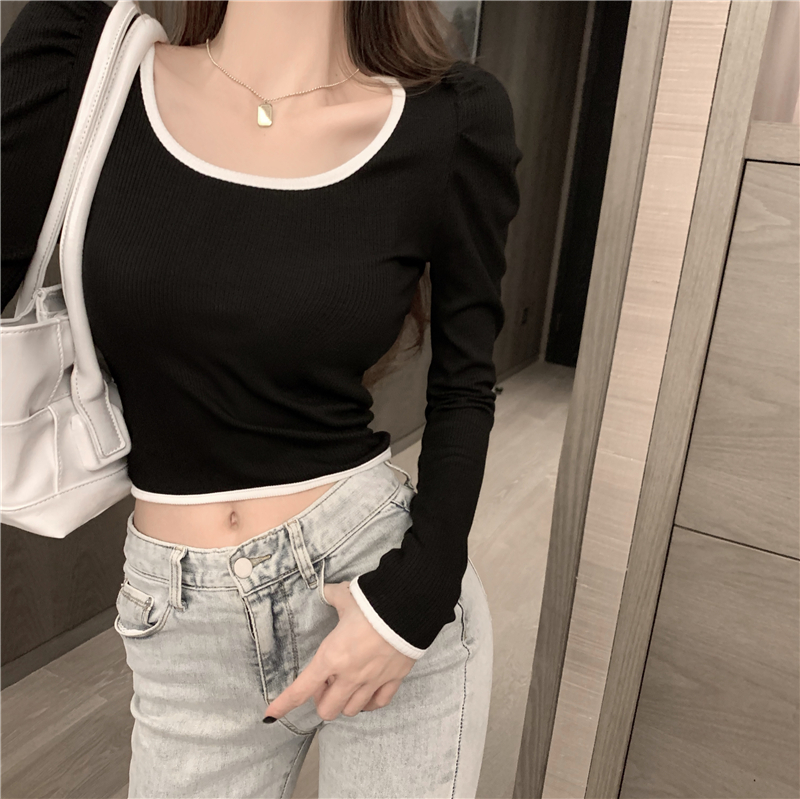 Real shot of U-neck inner bottoming shirt for women in spring and summer new large neckline long-sleeved T-shirt slimming square neck top