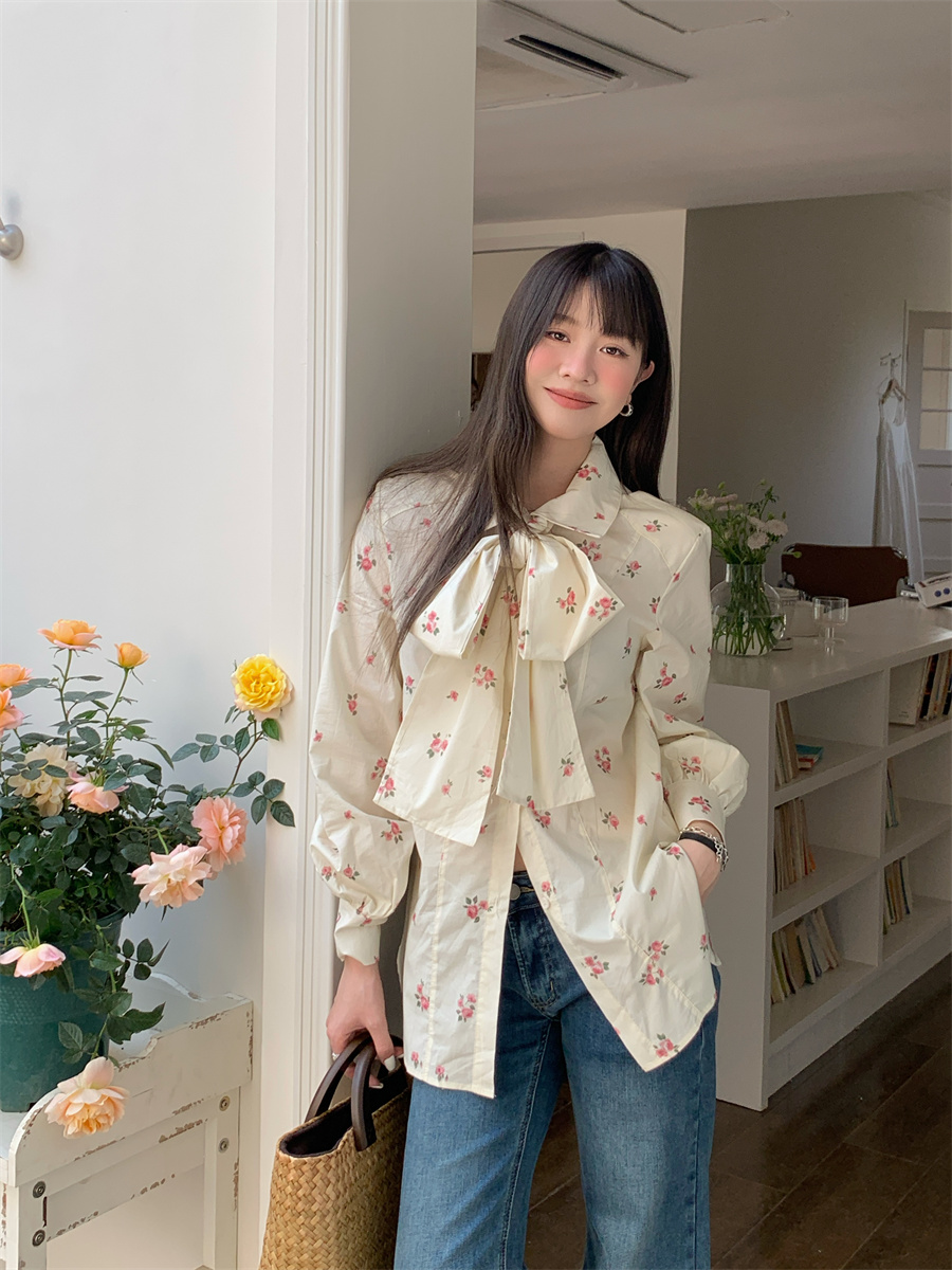 實拍！法式甜美碎花蝴蝶結系帶小眾襯衫百搭顯瘦寬鬆襯衣女