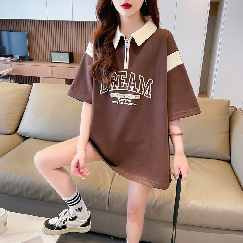 實拍珠地 夏季新款短袖T恤女寬鬆印花設計感上衣翻領體恤Polo衫