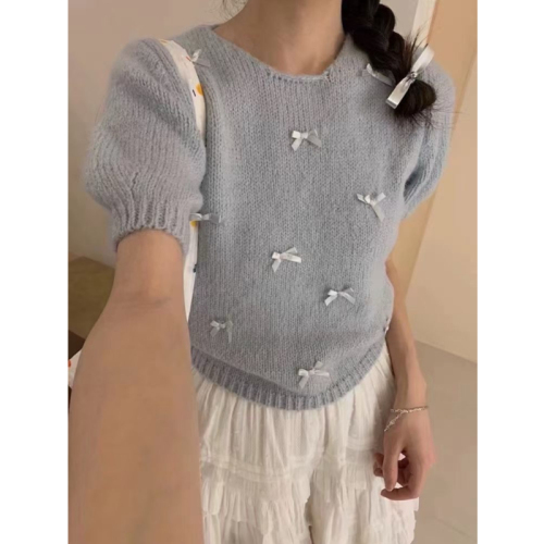 Korean chic spring and summer small bow short-sleeved round neck sweater for women spring sweet soft waxy puff sleeve top