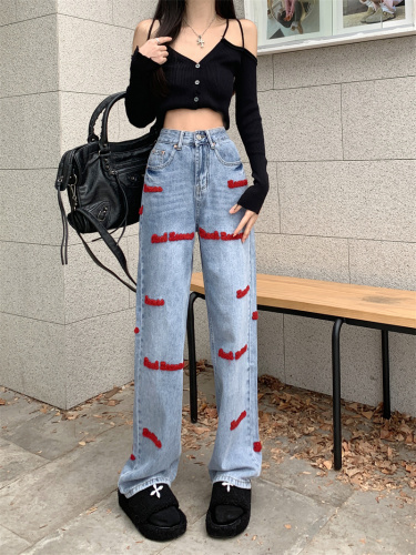 Real shot of jeans for women in spring 2024 new retro high-waisted slim straight-leg floor-length pants loose wide-leg trousers trendy