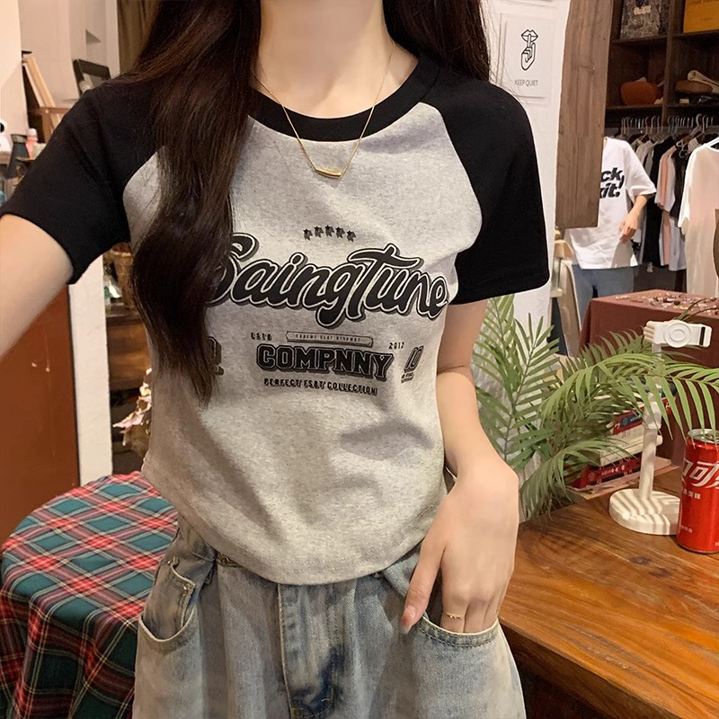 Official picture 92 cotton/8 spandex 40 count 210g pure cotton retro hot girl raglan short-sleeved T-shirt