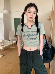 Real shot American retro contrasting color drawstring design short T-shirt