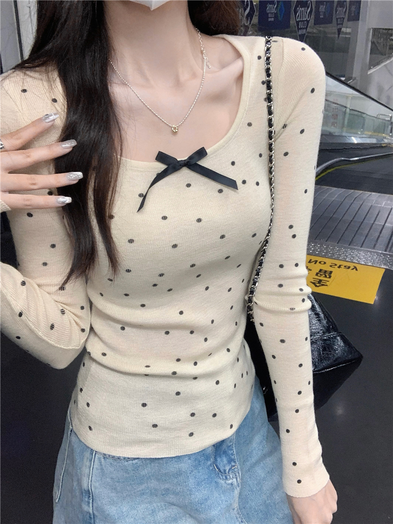 實拍 方領修身波點短款蝴蝶結辣妹針織衫長袖百搭打底衫