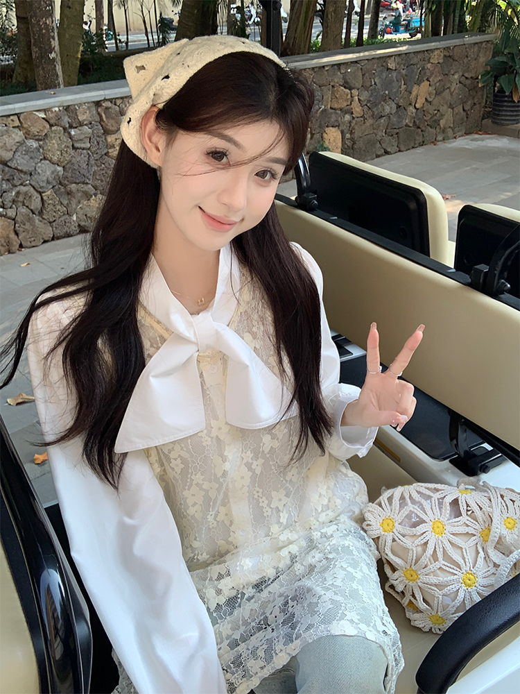 實拍 春夏韓chic韓女穿搭疊穿蕾絲罩衫+百搭設計感襯衫