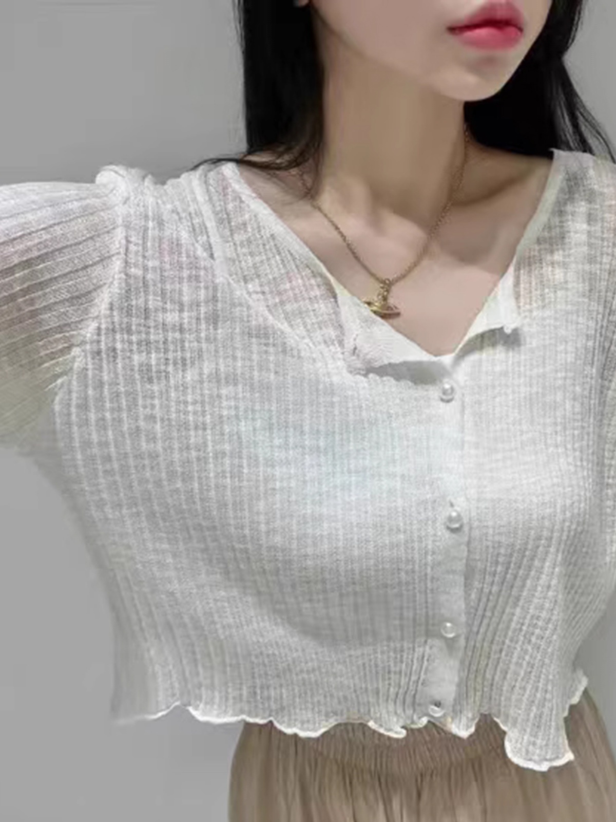 chic減齡木耳邊針織開衫女秋季新款防曬衫短款披肩單排扣薄款外套