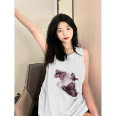 210g Post-tied Spring and Summer Loose Cotton Printed Sleeveless Blouse for Women