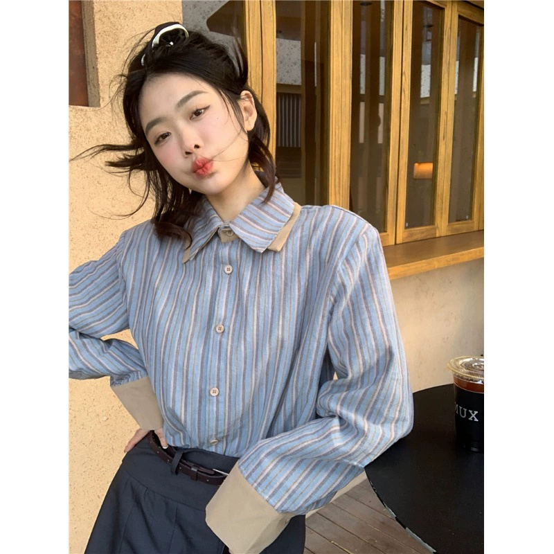 Pure cotton early spring new blue striped shirt women's niche French top small style fashionable high-end shirt