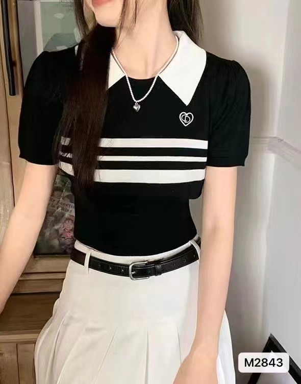 2024夏季新款韓版學院風Polo領刺繡條紋顯瘦短袖上衣女