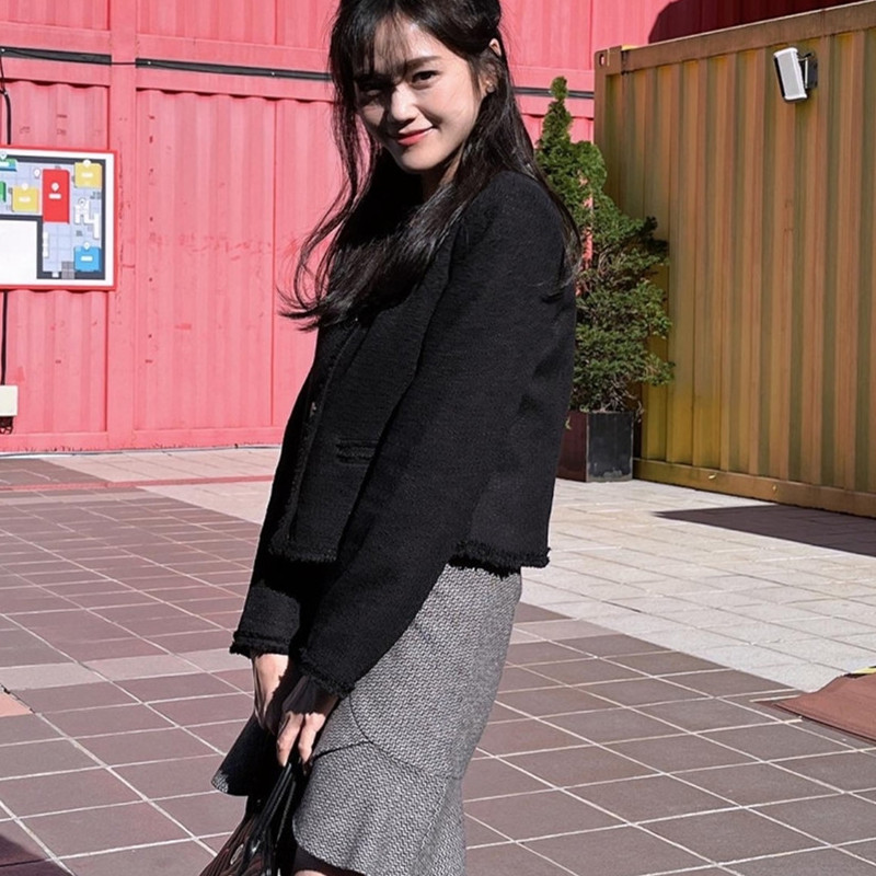 小香風圓領流梳毛邊外套上衣2024新款小個子顯瘦氣質短外套女加里