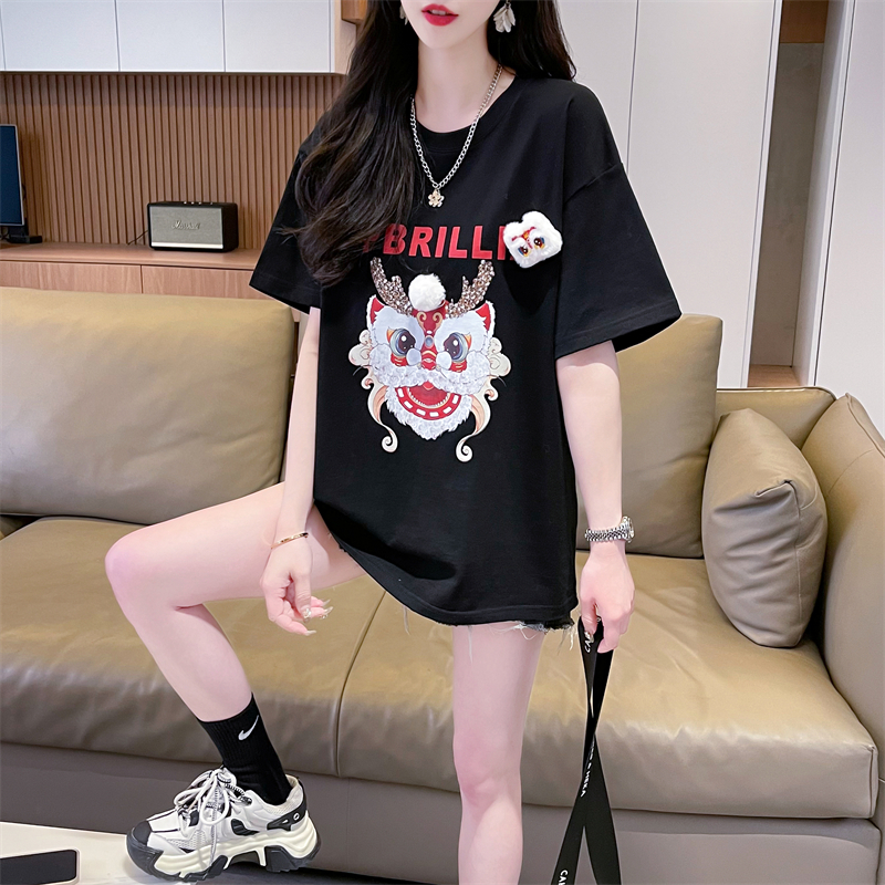 實拍 2024夏季新款韓版寬鬆圓領中國風獅子印花大碼短袖T恤女