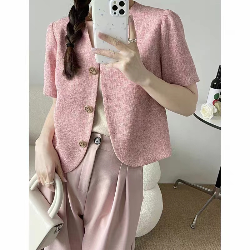 韓國chic氣質西裝外套女V領高級感小西服短款小香風短袖上衣夏季