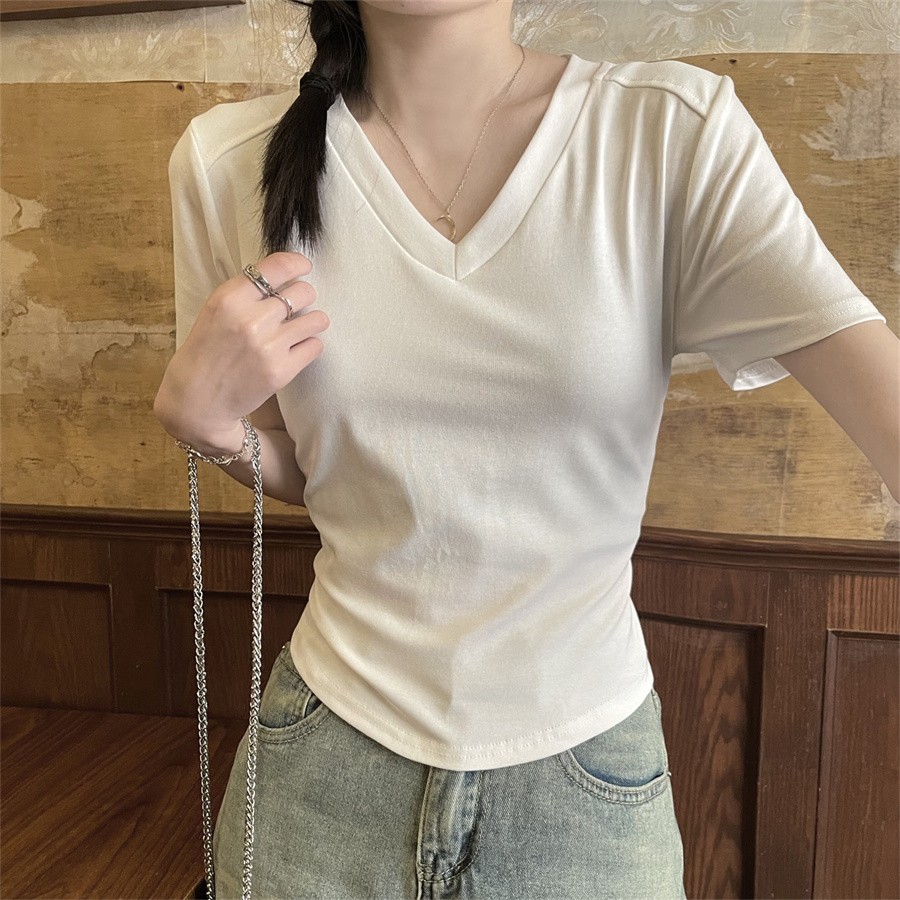 實拍夏季V領正肩短袖T恤女修身純色基礎款露鎖骨短款上衣