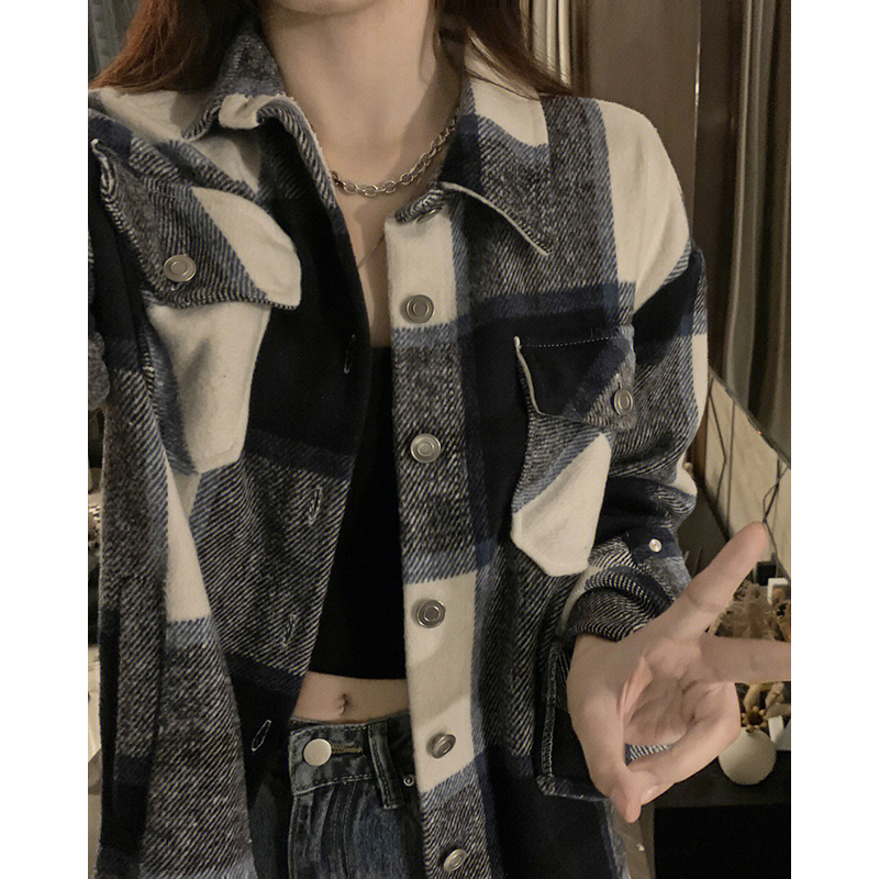 Hong Kong style brushed plaid shirt for women spring and autumn plus size fat girl loose slim shirt versatile long-sleeved top jacket