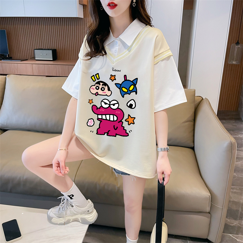 實拍 2024夏裝韓版寬鬆假兩件卡通印花M-3XL大碼短袖T恤女