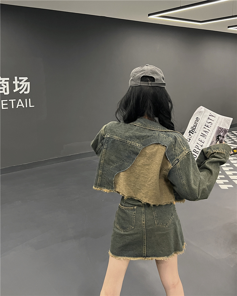 實拍 早春炸街牛仔套裝女復古毛邊牛仔外套高腰半身裙