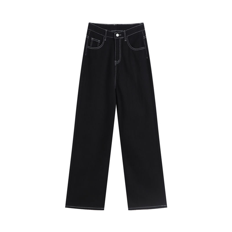 Black open-stitched straight jeans for women in autumn and winter, slim and loose wide-leg pants with stylish design