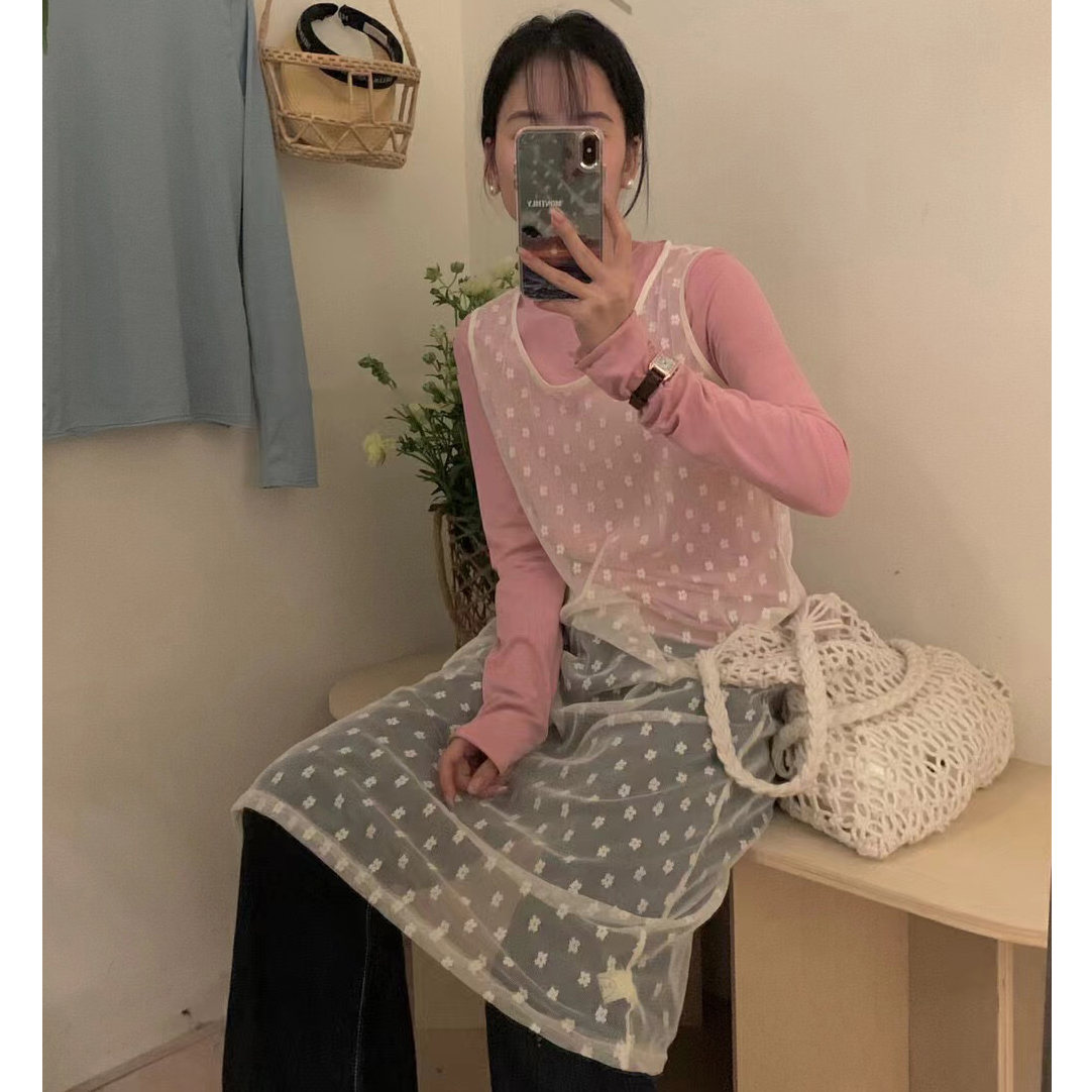 Real shot# Round neck transparent mesh layered dress