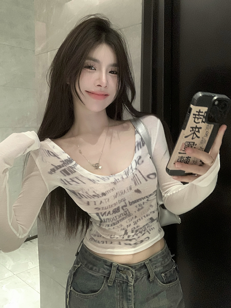 Real shot!  Design hot girl sexy top women's thin printed long-sleeved short T-shirt 2436