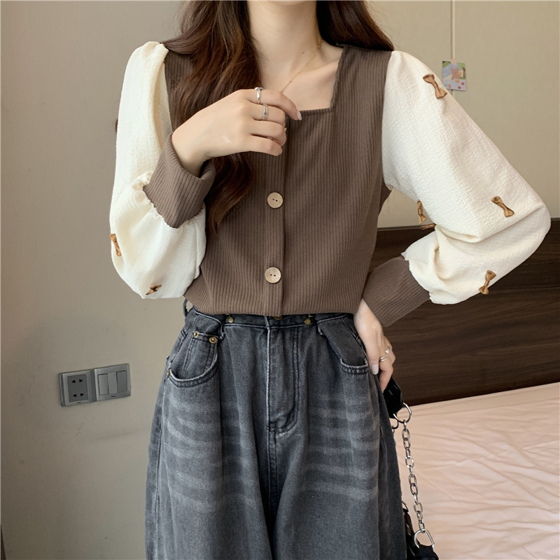 Large size fake two-piece French long-sleeved shirt spring women's 2024 new spliced ​​square collar right shoulder bow shirt