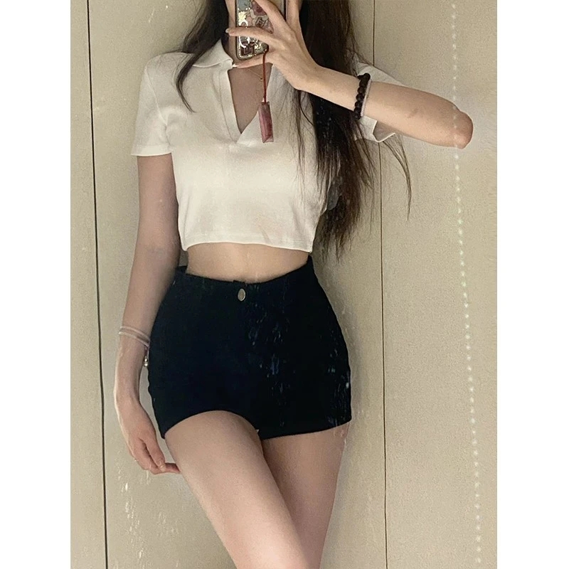 2024夏季辣妹美式復古牛仔彈力熱褲黑色高腰牛仔短褲女
