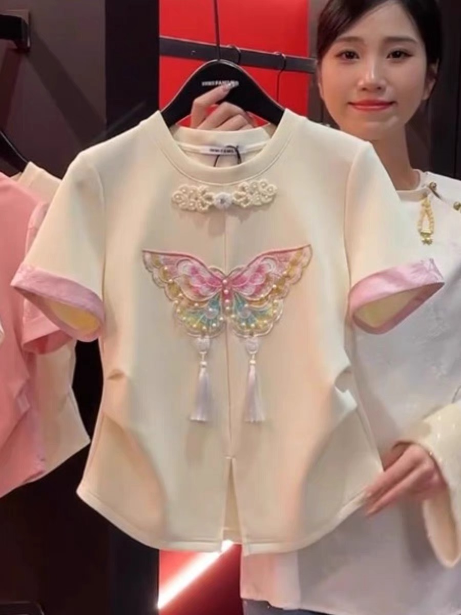 新中式盤扣重工繡花圓領T恤女2024夏季新款國風收腰別致短袖上衣