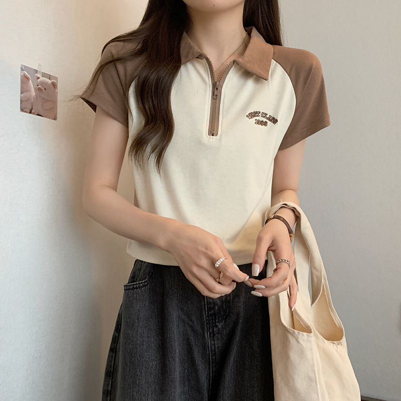 實拍 質量純棉夏裝韓版寬鬆POLO領插肩袖短款刺繡短袖T恤女