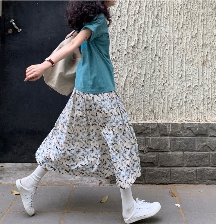 Korean spring and summer new niche high-waist dress women's butterfly floral half-length skirt