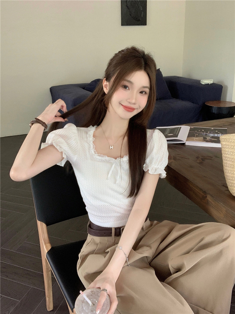 實拍蕾絲邊方領修身顯瘦短袖上衣高腰闊腿九分褲寬鬆百搭褲子