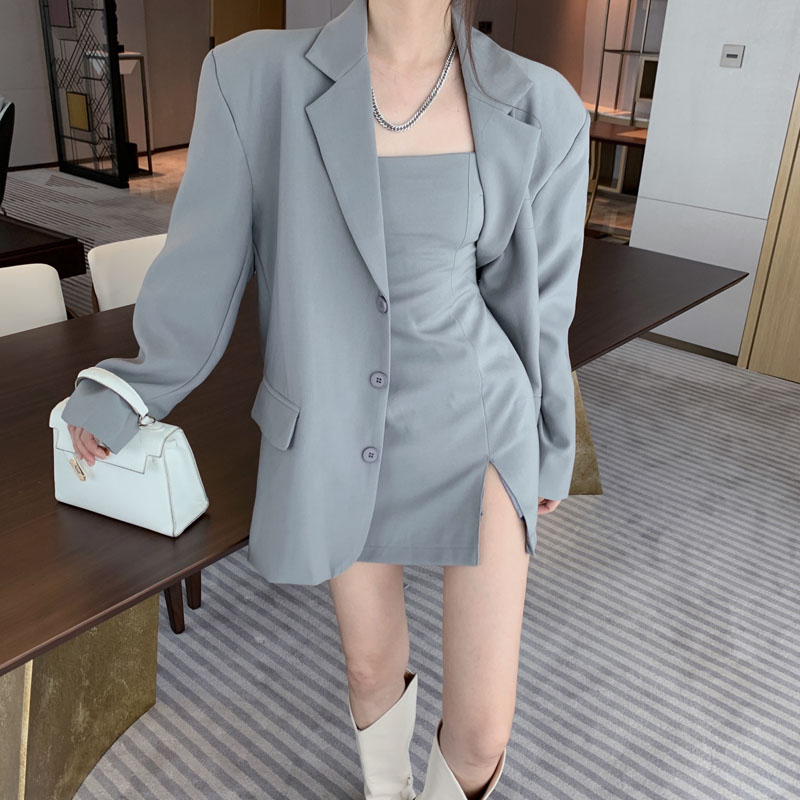 實拍 復古性感套裝氣質女吊帶裙包臀連衣裙+西裝外套兩件套
