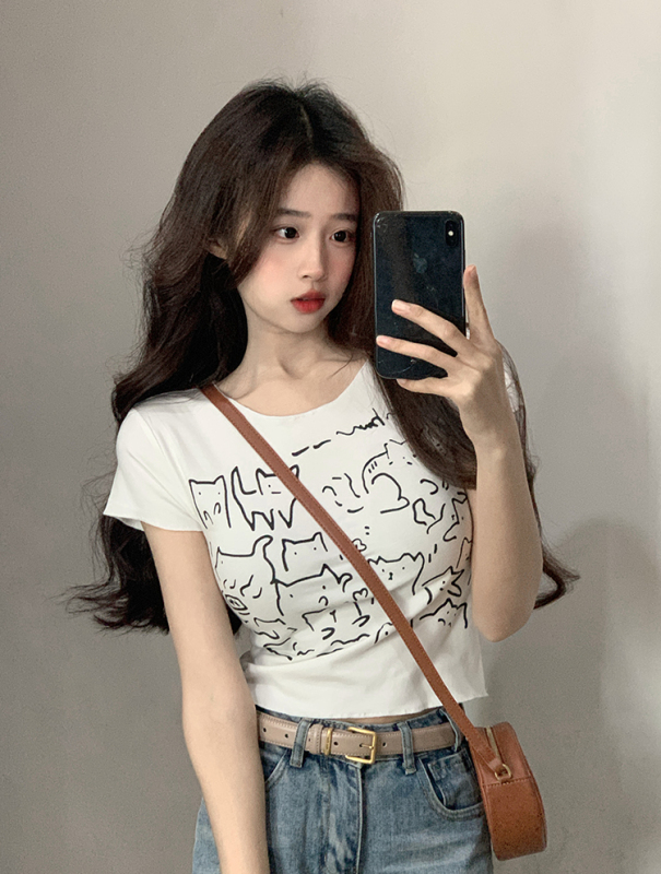 原創~實拍~鬼馬少女波邊修身顯瘦短款短袖印花T恤