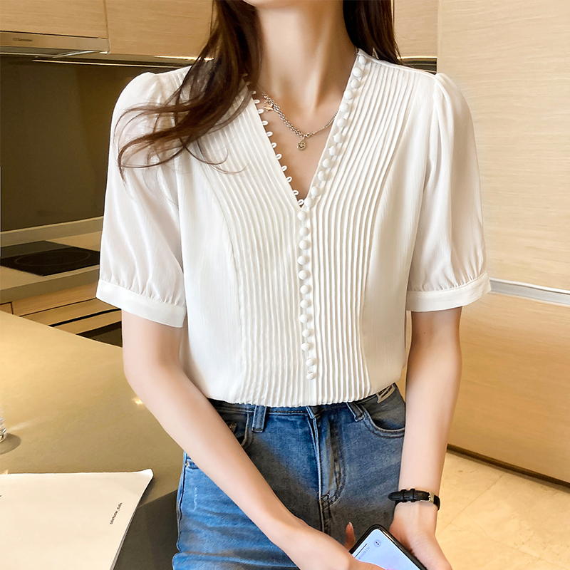 襯衫女短袖設計感小眾夏2024年新款V領洋氣雪紡衫襯衣